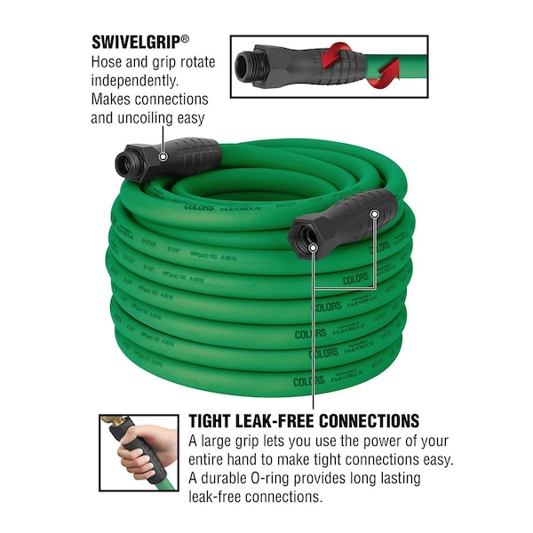 Colors SwivelGrip Garden Hose, 5/8in x 100ft, 3/4in - 11 1/2 GHT Fittings, Forest Green - HFZC5100GRS-E