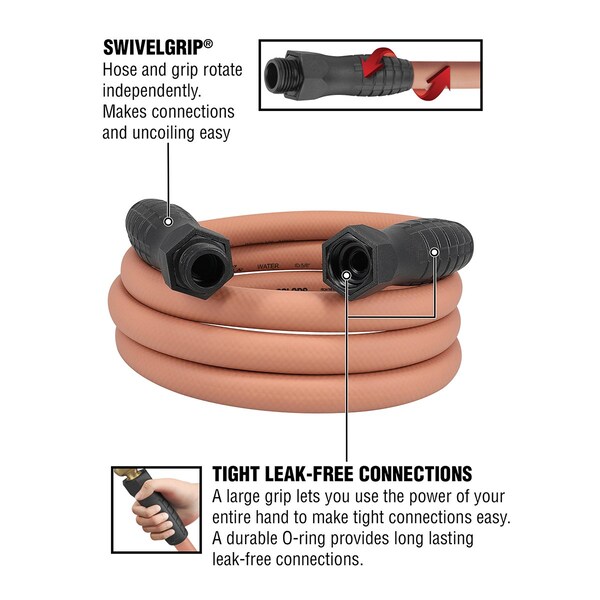 Colors SwivelGrip Garden Hose, 5/8in x 10ft, 3/4in - 11 1/2 GHT Fittings, Red Clay - HFZC510TCS-E