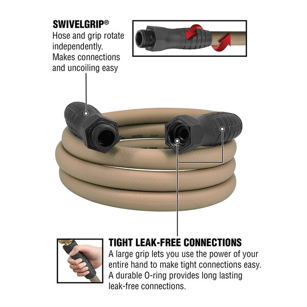 Colors SwivelGrip Garden Hose, 5/8in x 10ft, 3/4in - 11 1/2 GHT Fittings, Brown Mulch - HFZC510BRS-E