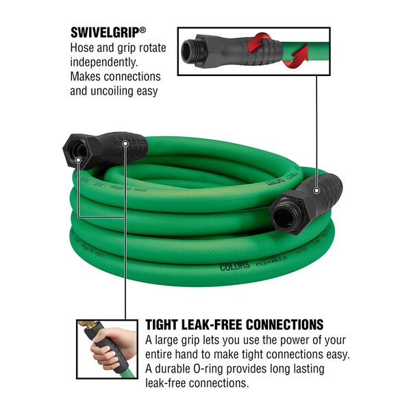 Colors SwivelGrip Garden Hose, 5/8in x 25ft, 3/4in - 11 1/2 GHT Fittings, Forest Green - HFZC525GRS-E
