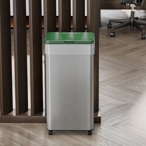Hls Commercial 21 Gal/ 80 Liter Rectangular Stainless Steel Open Top Compost Bin w/ Wheels and Dual Odor Filters - HLS21UOTMCOP