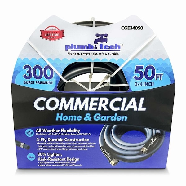 Plumb Tech 3/4-in. x 50' Black Nitrile Rubber Multi-Purpose Hot/Cold Water Hose, Home & Garden, 300 PSI - CGE34050