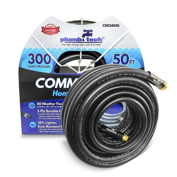 Plumb Tech 3/4-in. x 50' Black Nitrile Rubber Multi-Purpose Hot/Cold Water Hose, Home & Garden, 300 PSI - CGE34050