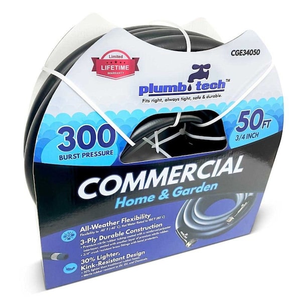 Plumb Tech 3/4-in. x 50' Black Nitrile Rubber Multi-Purpose Hot/Cold Water Hose, Home & Garden, 300 PSI - CGE34050