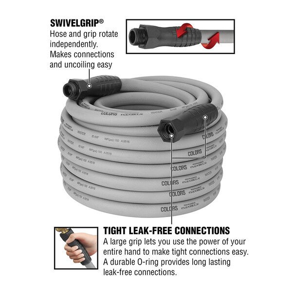 Colors SwivelGrip Garden Hose, 5/8in x 100ft, 3/4in - 11 1/2 GHT Fittings, Slate Grey - HFZC5100GYS-E