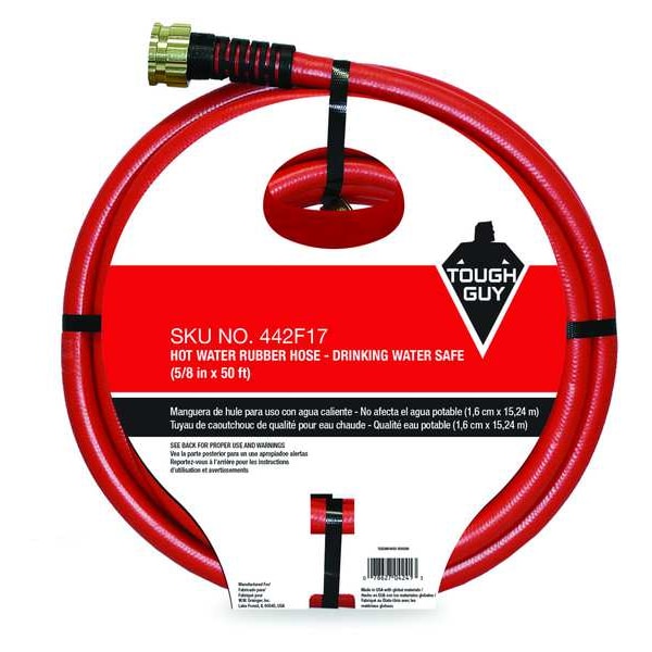 Zoro Select 50 ft L Hot Water Hose, 5/8 in Inside Dia, Coupled Assembly, Red, Rubber - 442F17