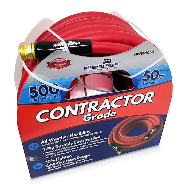 Plumb Tech 5/8-in. x 50' Premium Red Nitrile Rubber Multi-Purpose Hot/Cold Water Hose, Contractor, 500 PSI - HWE16050