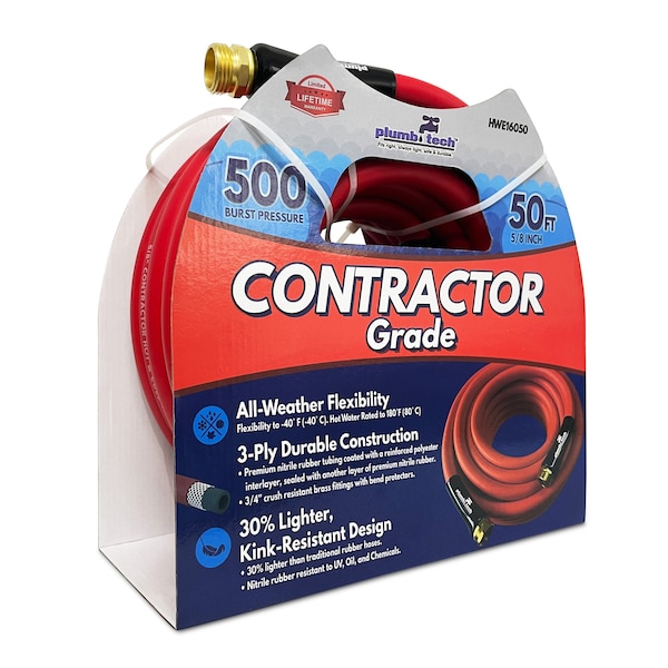 Plumb Tech 5/8-in. x 50' Premium Red Nitrile Rubber Multi-Purpose Hot/Cold Water Hose, Contractor, 500 PSI - HWE16050
