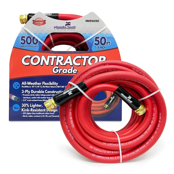 Plumb Tech 5/8-in. x 50' Premium Red Nitrile Rubber Multi-Purpose Hot/Cold Water Hose, Contractor, 500 PSI - HWE16050