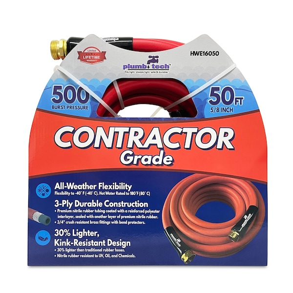 Plumb Tech 5/8-in. x 50' Premium Red Nitrile Rubber Multi-Purpose Hot/Cold Water Hose, Contractor, 500 PSI - HWE16050
