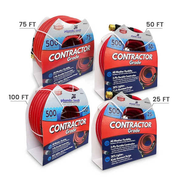 Plumb Tech 5/8-in. x 50' Premium Red Nitrile Rubber Multi-Purpose Hot/Cold Water Hose, Contractor, 500 PSI - HWE16050