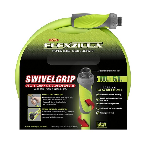 Flexzilla SwivelGrip Garden Hose, 5/8in x 100ft, 3/4in - 11 1/2 GHT Fittings - HFZG5100YWS-E