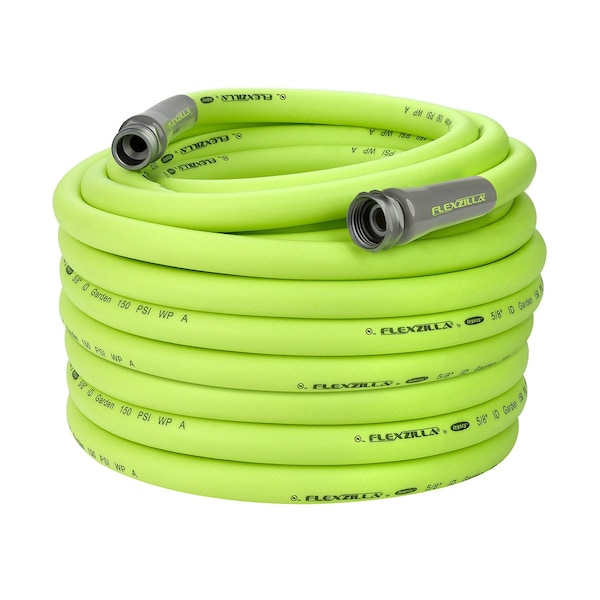 Flexzilla Garden Hose, 5/8in x 100ft, 3/4in - 11 1/2 GHT Fittings - HFZG5100YW-E