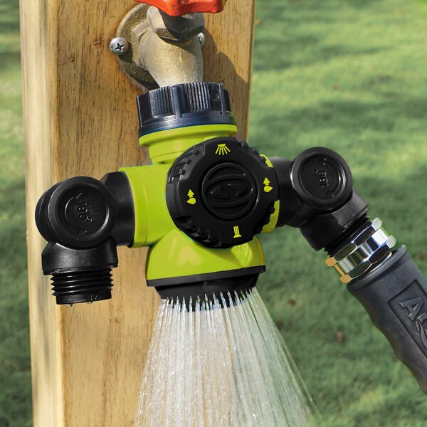 Snow Joe Aqua Joe PRO Multi-Function Outdoor Faucet and Dual Garden Hose Tap, Green - SJI-MFGA2-SJG
