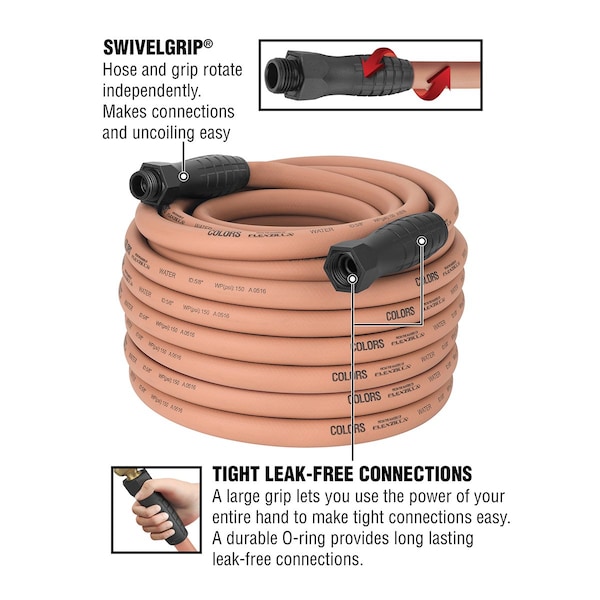 Colors SwivelGrip Garden Hose, 5/8in x 100ft, 3/4in - 11 1/2 GHT Fittings, Red Clay - HFZC5100TCS-E