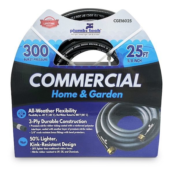 Plumb Tech 5/8-in. x 25' Black Nitrile Rubber Multi-Purpose Hot/Cold Water Hose, Home & Garden, 300 PSI - CGE16025