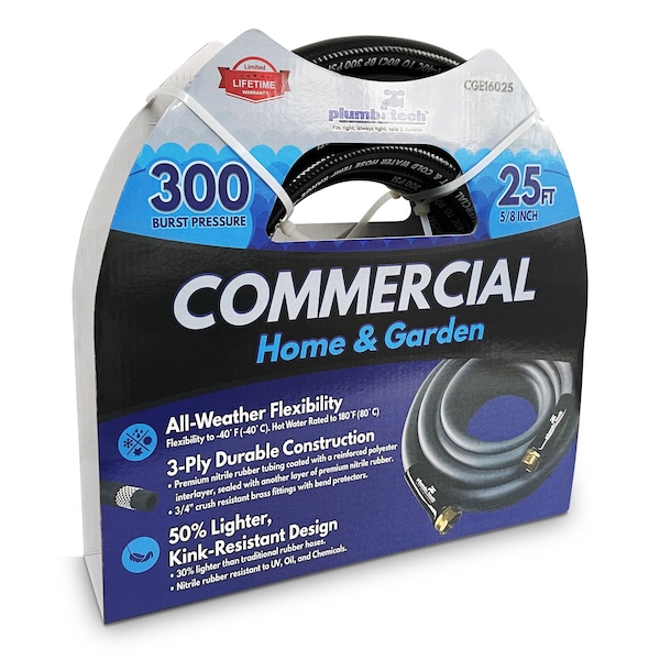 Plumb Tech 5/8-in. x 25' Black Nitrile Rubber Multi-Purpose Hot/Cold Water Hose, Home & Garden, 300 PSI - CGE16025
