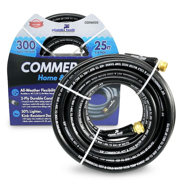 Plumb Tech 5/8-in. x 25' Black Nitrile Rubber Multi-Purpose Hot/Cold Water Hose, Home & Garden, 300 PSI - CGE16025