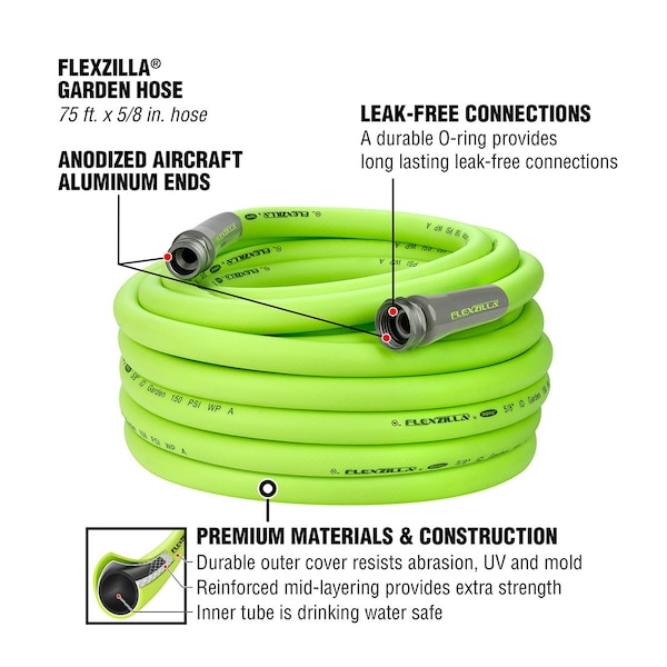 Flexzilla Garden Hose, 5/8in x 75ft, 3/4in - 11 1/2 GHT Fittings - HFZG575YW-E