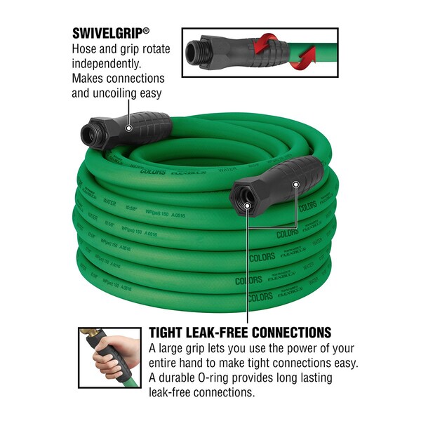 Colors SwivelGrip Garden Hose, 5/8in x 75ft, 3/4in - 11 1/2 GHT Fittings, Forest Green - HFZC575GRS-E