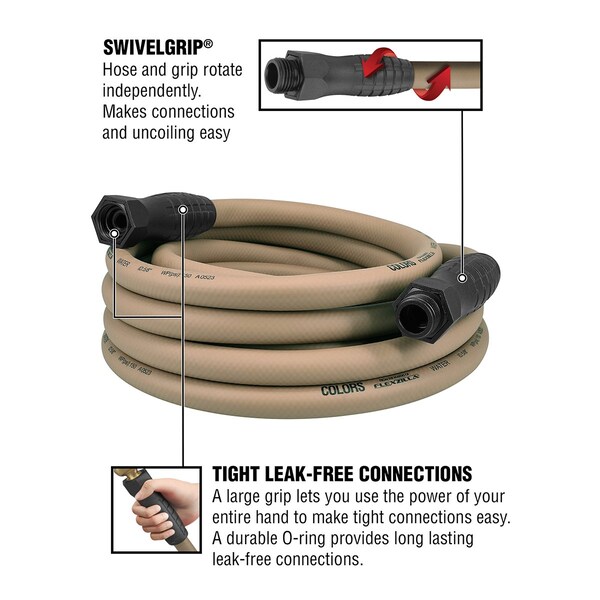 Colors SwivelGrip Garden Hose, 5/8in x 25ft, 3/4in - 11 1/2 GHT Fittings, Brown Mulch - HFZC525BRS-E