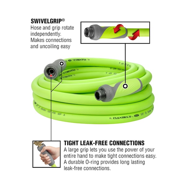 Flexzilla SwivelGrip Garden Hose, 5/8in x 25ft, 3/4in - 11 1/2 GHT Fittings - HFZG525YWS-E