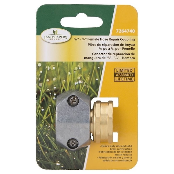 Landscapers Select Hose Coupling, 5/8 to 3/4 in, Female, Brass and zinc, Brass and Silver - GC533