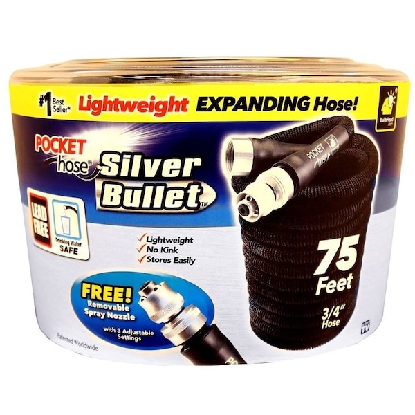 Pocket Hose Silver Bullet Expanding Garden Hose, 34 in, 75 ft L, Plastic, Black - 13489-12