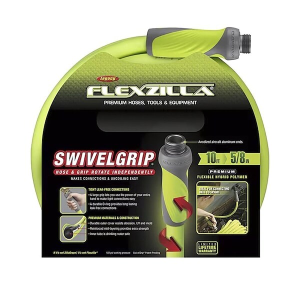Flexzilla SwivelGrip HFZG510YWS-N/CA Garden Hose, 5/8 in, 10 ft L, GHT, Polymer, Green - HFZG510YWS-CA