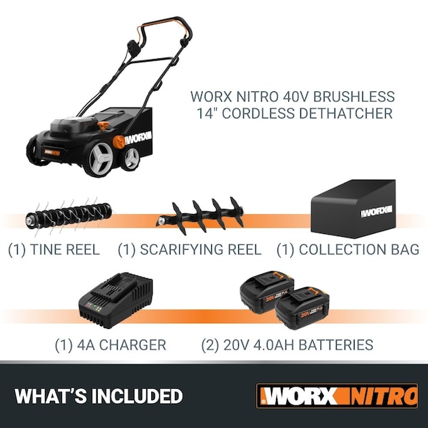 Worx 40V Brushless 14 in. Cordless Dethatcher Powershare, Battery and Charger Included - WG855