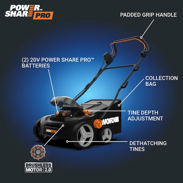 Worx 40V Brushless 14 in. Cordless Dethatcher Powershare, Battery and Charger Included - WG855