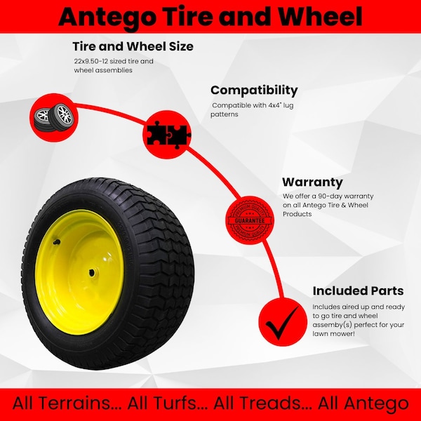 Antego 22 x 9.5-12 in Lawn Mower Tire & Wheel, 4 Ply, Yellow, 2 PK - A127500601042295012