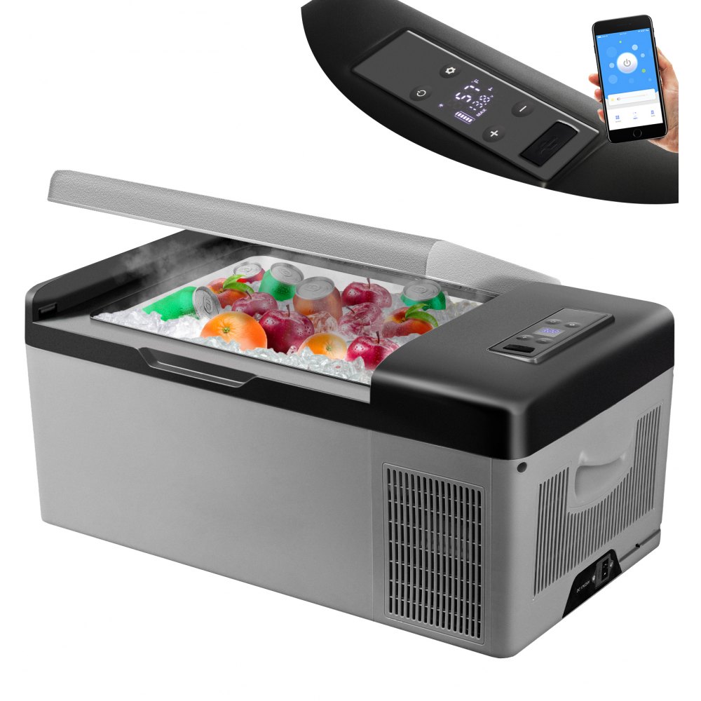 VEVOR 12 Volt Refrigerator 16 Qt, Portable Mini Car Fridge w/ -4℉-68℉ Cooling Range & App Control 12/24V DC & 110-240V AC Electric Compressor Cooler for Truck Vehicle RV Boat Outdoor & Home Use, Grey - FTBZPE15L110VSSRPV1