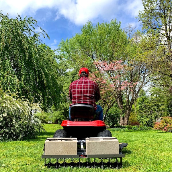 Brinly 40in Tow-Behind Spike Aerator: 10 Steel Tines, Rotating Stars, 14-Gauge Steel Tray - SA2-40BH-S