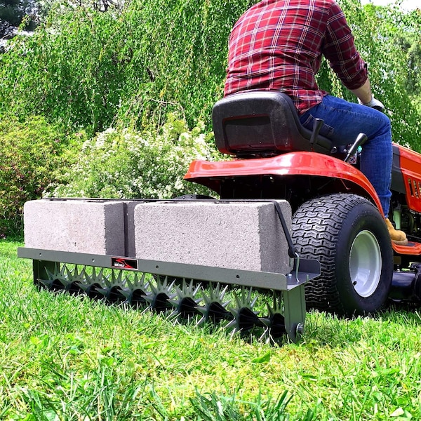 Brinly 40in Tow-Behind Spike Aerator: 10 Steel Tines, Rotating Stars, 14-Gauge Steel Tray - SA2-40BH-S