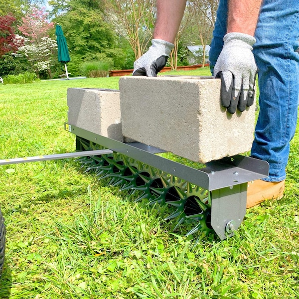 Brinly 40in Tow-Behind Spike Aerator: 10 Steel Tines, Rotating Stars, 14-Gauge Steel Tray - SA2-40BH-S