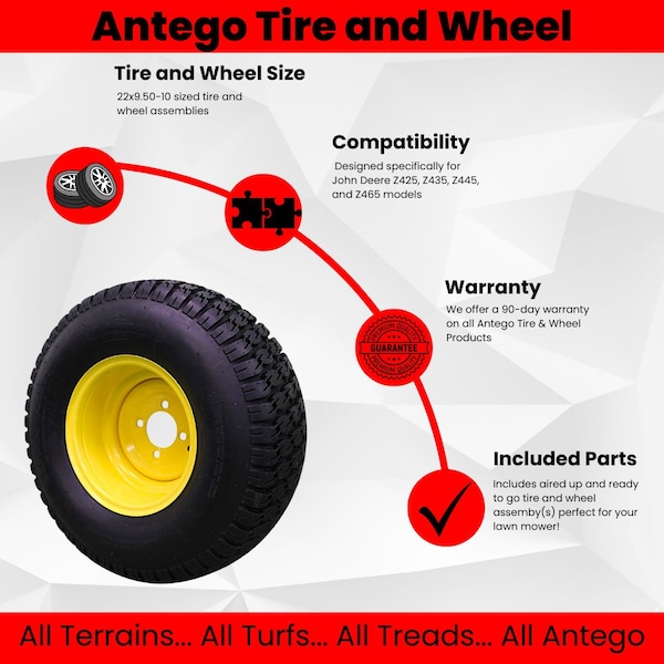 Antego 22 x 9.5-10 in Lawn Mower Tire & Wheel, 4 Ply, Yellow, 2 PK - A107008200647042295010