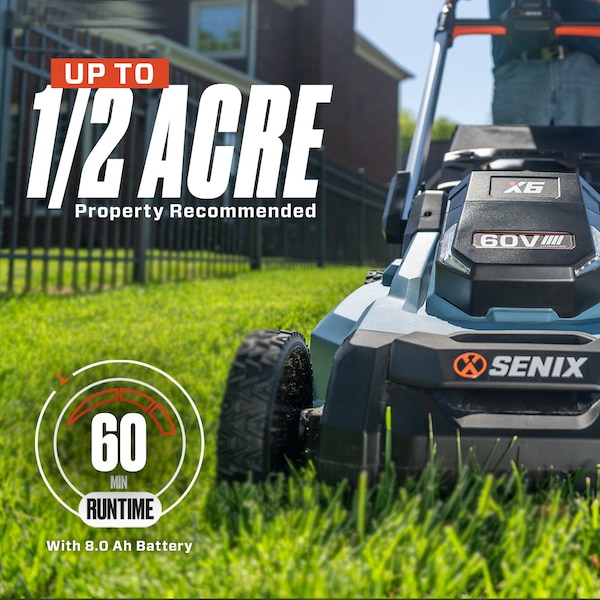 Senix 60 Volt Max 21-Inch Cordless Brushless Self-Propelled Lawn Mower, 8Ah Battery and Charger Included - LPSX6-H