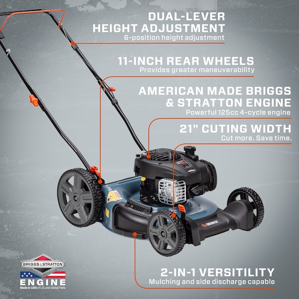 Senix 21 in Gas Lawn Mower, 125cc 4-Cycle Briggs & Stratton Engine, 2 in-1 Push Lawnmower, 6 Height Adjust - LSPG-M4