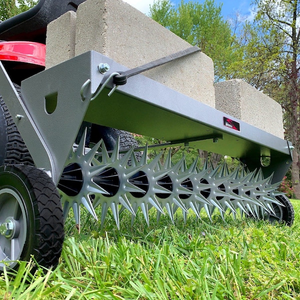 Brinly 40in Tow-Behind Spike Aerator with Transport Wheels: 10 Steel Tines, Rotating Stars - SAT2-40BH-S