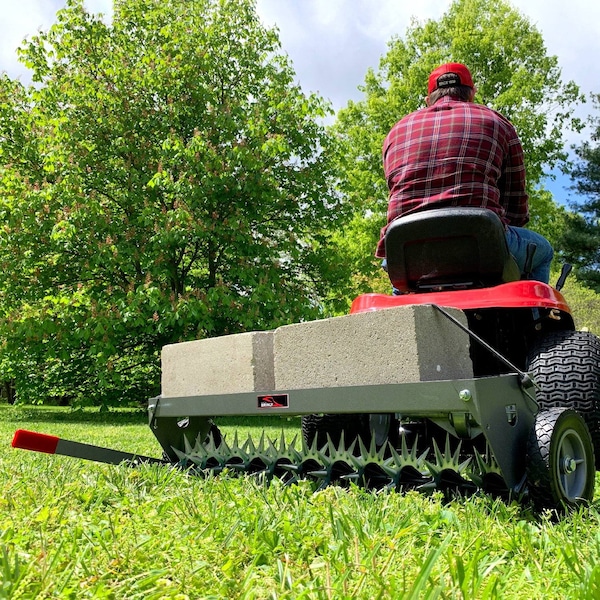 Brinly 40in Tow-Behind Spike Aerator with Transport Wheels: 10 Steel Tines, Rotating Stars - SAT2-40BH-S