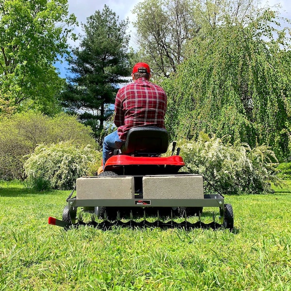 Brinly 40in Tow-Behind Spike Aerator with Transport Wheels: 10 Steel Tines, Rotating Stars - SAT2-40BH-S