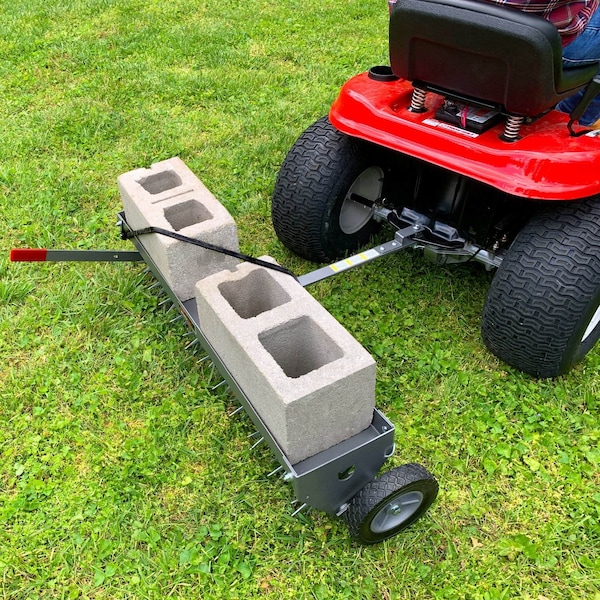 Brinly 40in Tow-Behind Spike Aerator with Transport Wheels: 10 Steel Tines, Rotating Stars - SAT2-40BH-S