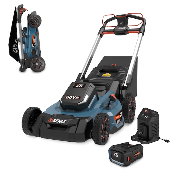 Senix 60 Volt Max 21-Inch Cordless Brushless Lawn Mower, 6Ah Battery and 8A Charger Included - LPPX6-H