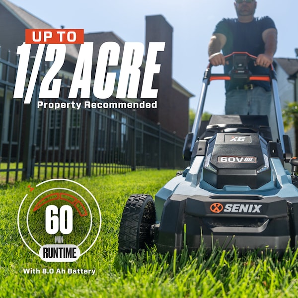 Senix 60 Volt Max 21-Inch Cordless Brushless Lawn Mower, 6Ah Battery and 8A Charger Included - LPPX6-H