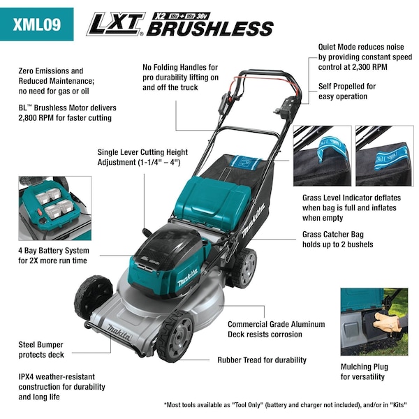 Makita Lawn Mower, Self-Propelled, 18V , Li-Ion - XML09Z
