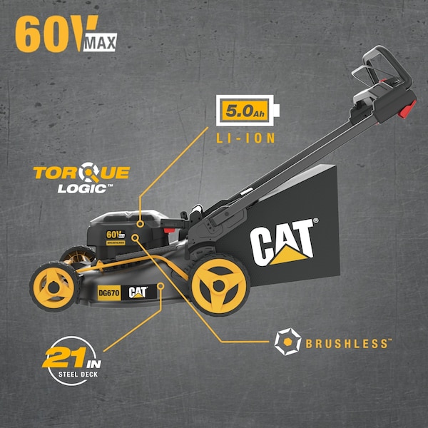 Caterpillar Cat 60V 21 in. Brushless Lawn Mower, 5.0ah Battery and Charger Included - DG670