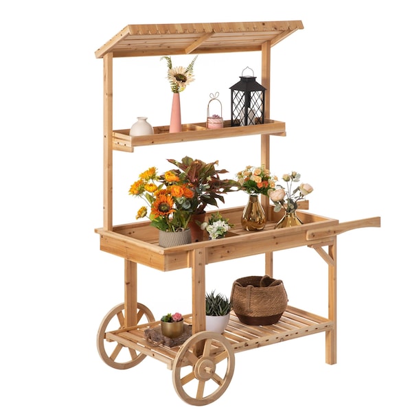 Vintiquewise Solid Wood Decor Display Rack Cart Wood Plant Stands, 2 Wheeled Wood Wagon with Shelves - QI004293