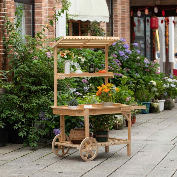 Vintiquewise Solid Wood Decor Display Rack Cart Wood Plant Stands, 2 Wheeled Wood Wagon with Shelves - QI004293