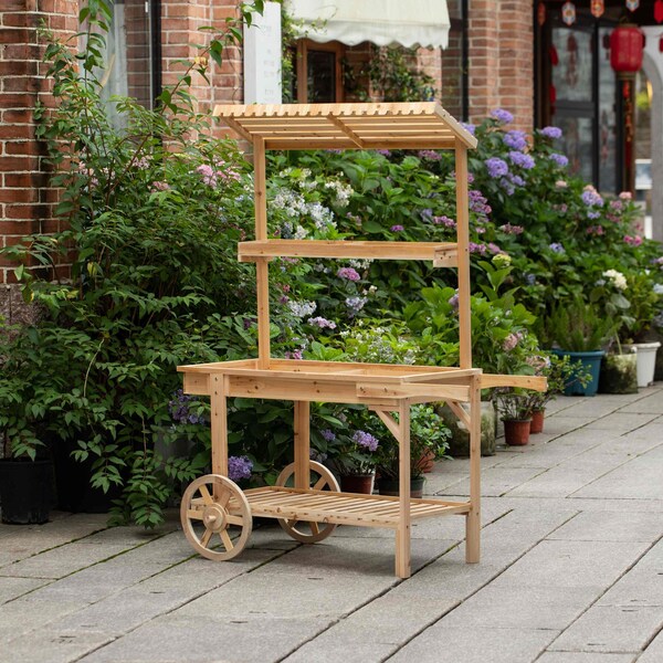 Vintiquewise Solid Wood Decor Display Rack Cart Wood Plant Stands, 2 Wheeled Wood Wagon with Shelves - QI004293